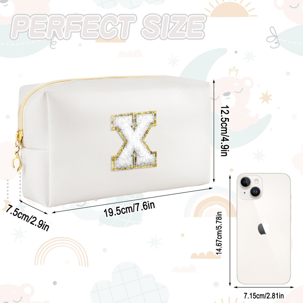 URSKYTOUS Gifts for Girls Initial Makeup Bag Personalized Cosmetic Bag with Zipper Cute Travel Toiletry Bags Waterproof PU Preppy Makeup Pouch Birthday Gift for Teen Girls Women(White X)