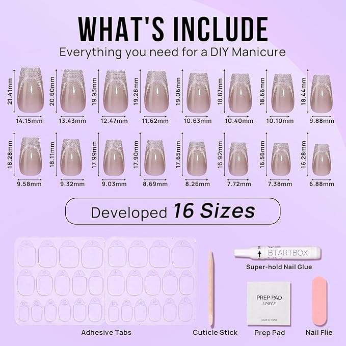 BTArtbox Press On Nails, Milky Way, Short Coffin, Cat Eye French, 32Ct