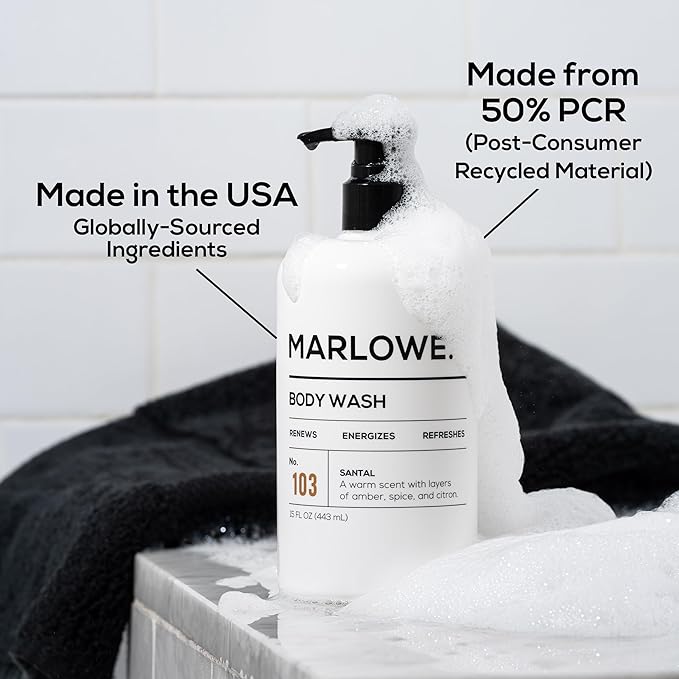 MARLOWE. Men's Body Wash, Refreshing Shower Gel, Santal, 15 oz Pump