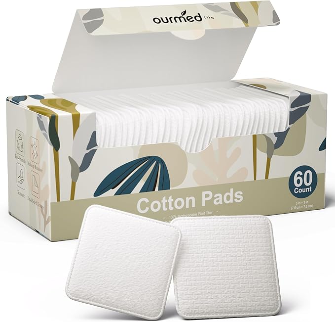 Ourmed Life Large Cotton Pads for Face, 3 x 3 Makeup Remover Pads, 60 ct