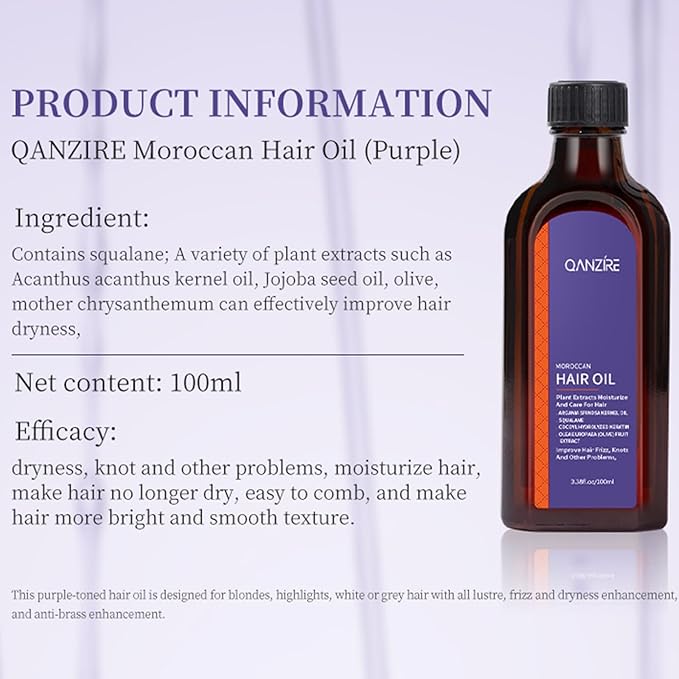YJLYQF Moroccan Argan Oil,Purple Hair Essential Oil—Leave Hair Soft & Shiny,Deep Moisturizer,Frizz Control,Split End Repair for Dry & Damaged Hair,Hair Treatment Oil for Dry and Frizzy—100ML