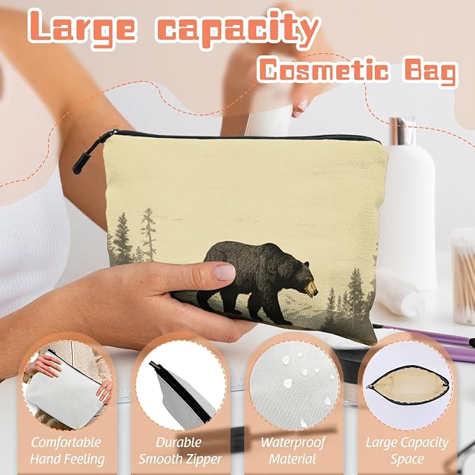 Scribesense Cosmetic Bags Travel Makeup Toilet Case Waterproof Pouch for Women Girls 6.7X9.45inches - Black Bear Walking in A Mountainous Forest Landscape