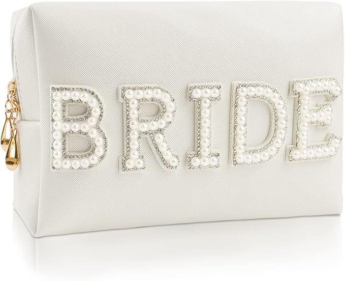 Kovewon Bride Patch Letter Makeup Bag for Women Bridesmaid Engagement Gift for Her White Pearl Rhinestone Travel Toiletry Bag Make Up Bag Pouch for Purse Bridal Shower Gifts for Engagement Wedding