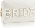 Kovewon Bride Patch Letter Makeup Bag for Women Bridesmaid Engagement Gift for Her White Pearl Rhinestone Travel Toiletry Bag Make Up Bag Pouch for Purse Bridal Shower Gifts for Engagement Wedding