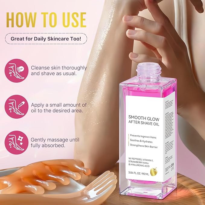 WeiWeiLa After Shave Oil, Women's Smooth Glow After Shave Oil 90ml - Prevent Ingrown Hairs & Razor Bumps, Strawberry AHA & Peptides for Soothing Hydration, Fast Absorbing, Vegan, Sensitive Skin Care