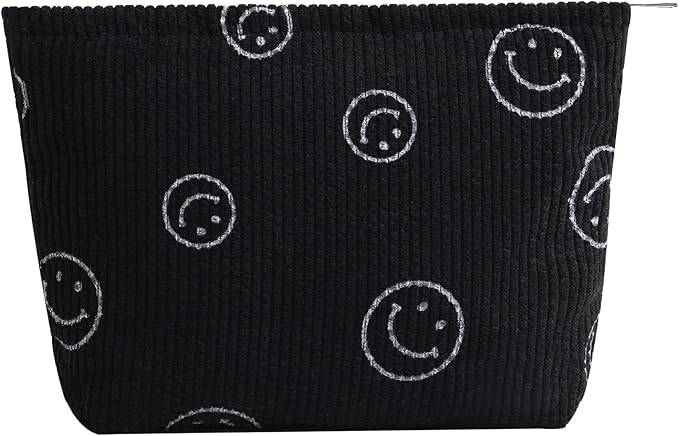 Gardsell Cosmetic Bags for Women - Corduroy Cosmetic Bag Aesthetic Women Handbags Purses Smile Dots Makeup Organizer Storage Makeup Bag Girls Case Bags (A-Black)