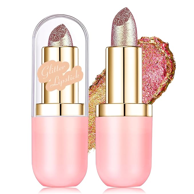 Wugbc Gold Holographic Glitter Lipstick Makeup, Metallic Lip Stick Long Lasting Lightweight Non-Sticky Hydrating Lip Tinted Full Coverage High-Shine Shimmer Chameleon Lipstick for Women