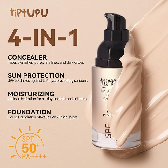 Tiptupu SPF 50 Liquid Foundation,Long Lasting,Moisturizing,Matte & Non-Comedogenic Foundation Makeup for All Skin,Medium-Full Coverage (Light, 1.05 FL.OZ (Pack of 1))