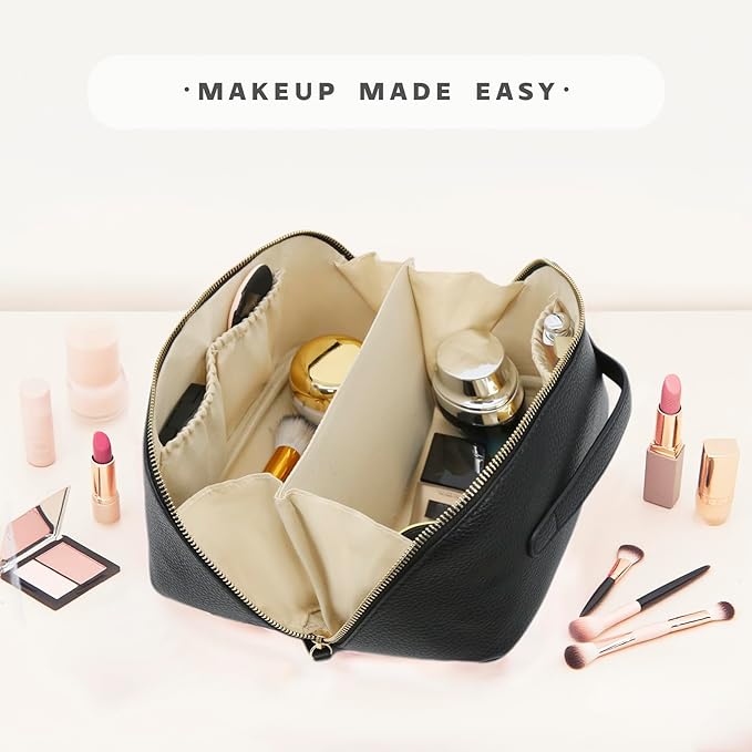 JINYIBAGS Travel Makeup Bag – Large Cosmetic Organizer with Waterproof PU Leather, Smooth Double Zipper & Tear-Resistant Lining, Toiletry Pouch for Women (Black)