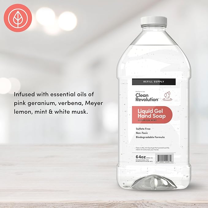 Clean Revolution Liquid Gel Hand Soap Refill with Real Essential Oils – Sulfate-Free Gel Hand Wash, Moisturizing Bulk Refill, Non-Toxic Formula, Made in the USA (Geranium Mint) 64 Fl Oz