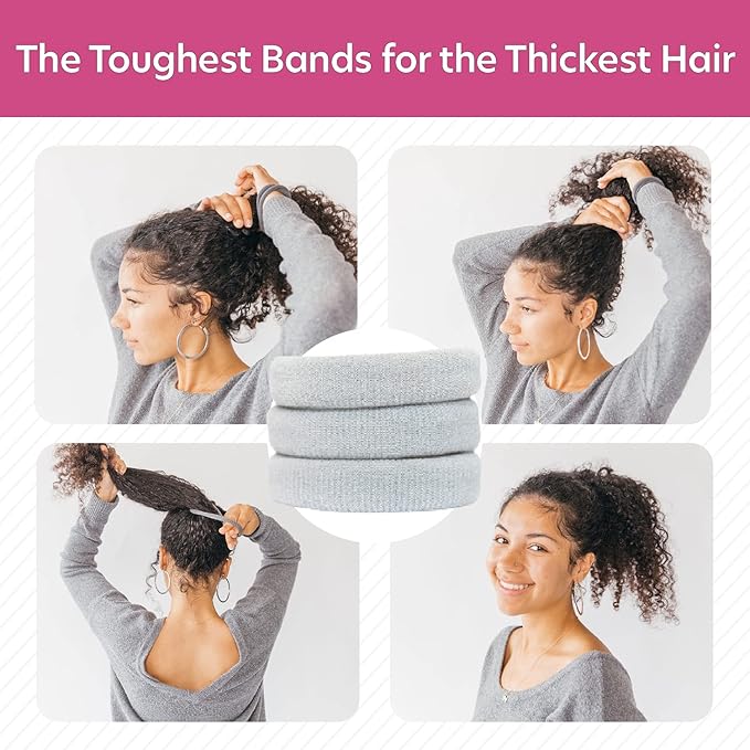 Burlybands Elastic Hair Ties No Damage for Thick Hair, Light Gray 8 Pack