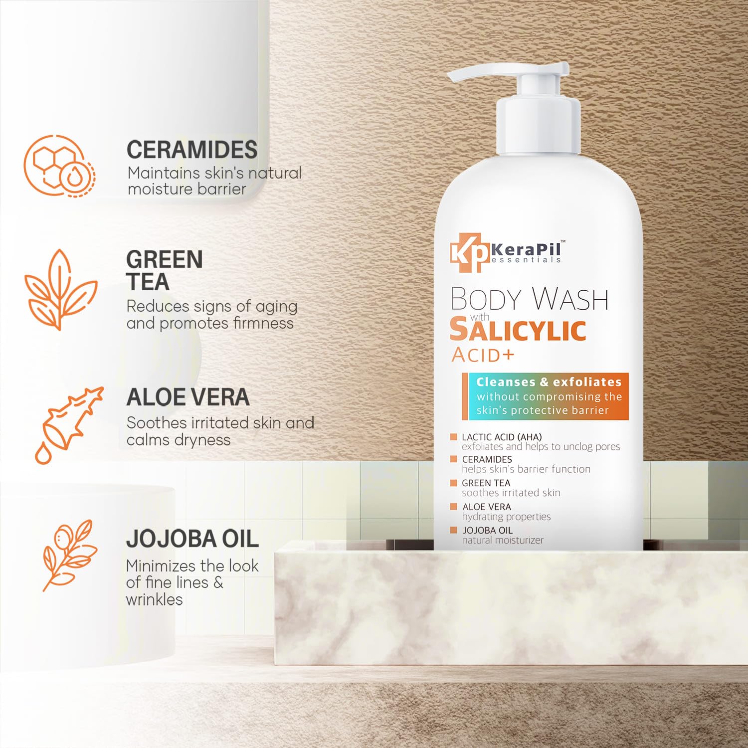 KERAPIL Exfoliating Body Wash with Salicylic Acid, Unscented, 16 fl oz