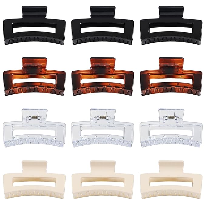 Sisiaipu 3.5 Inch Medium Square Claw Hair Clips, 12 Pcs Transparent, Amber, Glossy Black for Thick and Thin Hair - Hair Accessories for Women and Girls