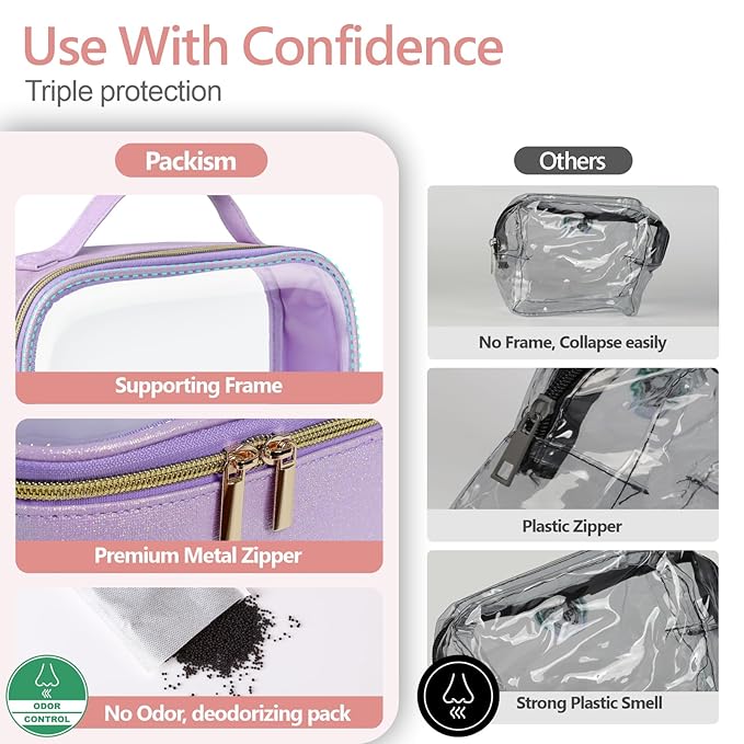 PACKISM Clear Makeup Bag Travel - TSA Approved Toiletry Bag, 2 Pack Purple