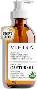 Vihira Organic Golden Castor Oil (16oz | Premium Grade), True Cold Pressed, 100% Pure, Extra Virgin, Hexane Free, for Hair Growth, Eyelash, Eyebrow, Skin, Belly Button, Muscle & Wellness.