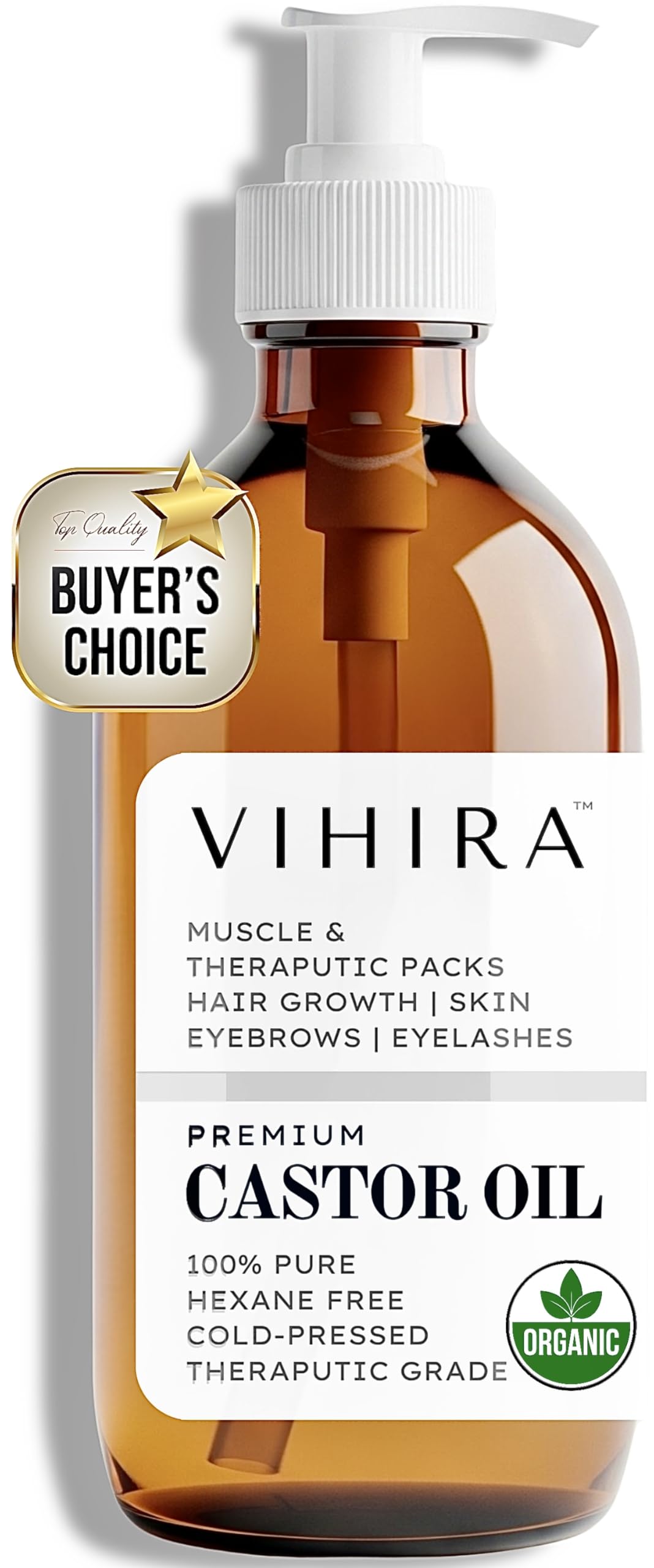 Vihira Organic Golden Castor Oil (16oz | Premium Grade), True Cold Pressed, 100% Pure, Extra Virgin, Hexane Free, for Hair Growth, Eyelash, Eyebrow, Skin, Belly Button, Muscle & Wellness.