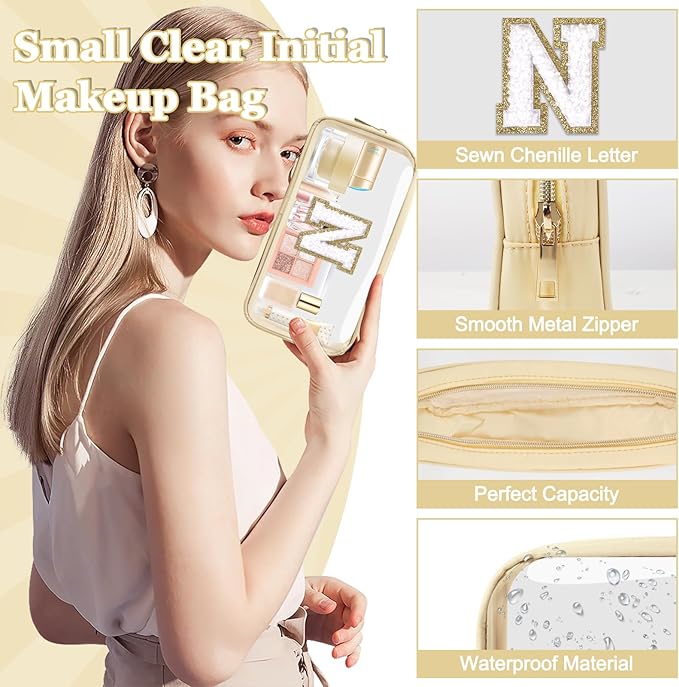 Small Clear Personalized Initial Makeup Bag,Nylon Preppy A-Z Chenille Letter Patch Cosmetic Pouch Beach Toiletry Bag,Waterproof Zipper Travel Purse Storage Bag Organizer for Women Girls(Beige-White N)