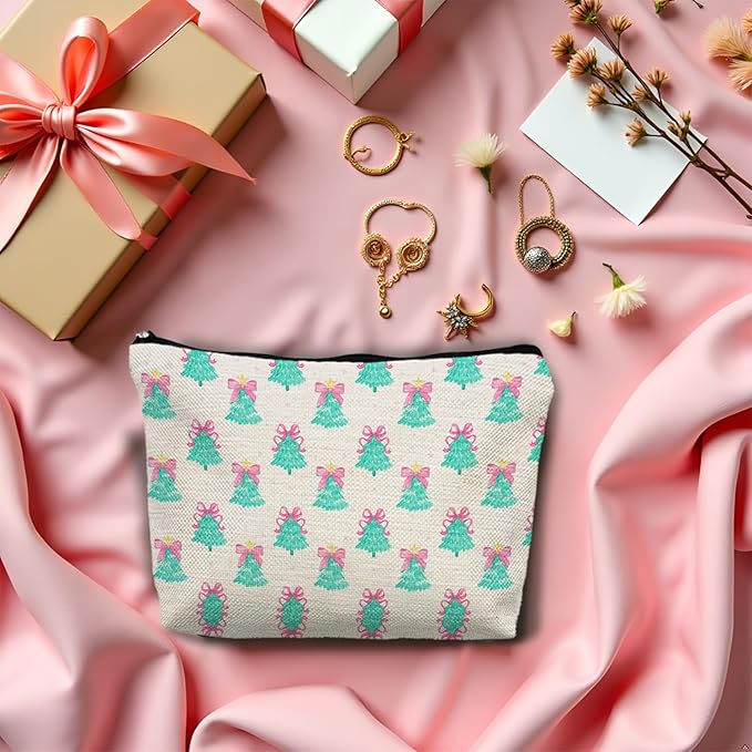SAFDSGFDB Coquette Pink Bow Christmas Tree Makeup Bag, Preppy Mint Green Christmas Tree Cosmetic Bags Gifts for Women, Girly Xmas Portable Travel Toiletry Bag Zipper Makeup Pouch