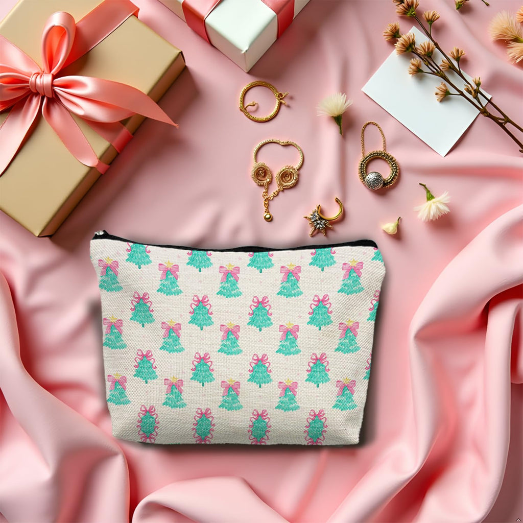 SAFDSGFDB Coquette Pink Bow Christmas Tree Makeup Bag, Preppy Mint Green Christmas Tree Cosmetic Bags Gifts for Women, Girly Xmas Portable Travel Toiletry Bag Zipper Makeup Pouch