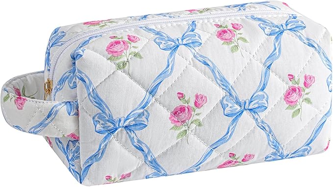 HHQQWZ Makeup Bag Travel Cosmetic Bag for Women, Zipper Make Up Pouch, Floral Flowers Toiletry Organizer Makeup with Handle, Cosmetic Travel Cloth Bag (Blue Bowknot)