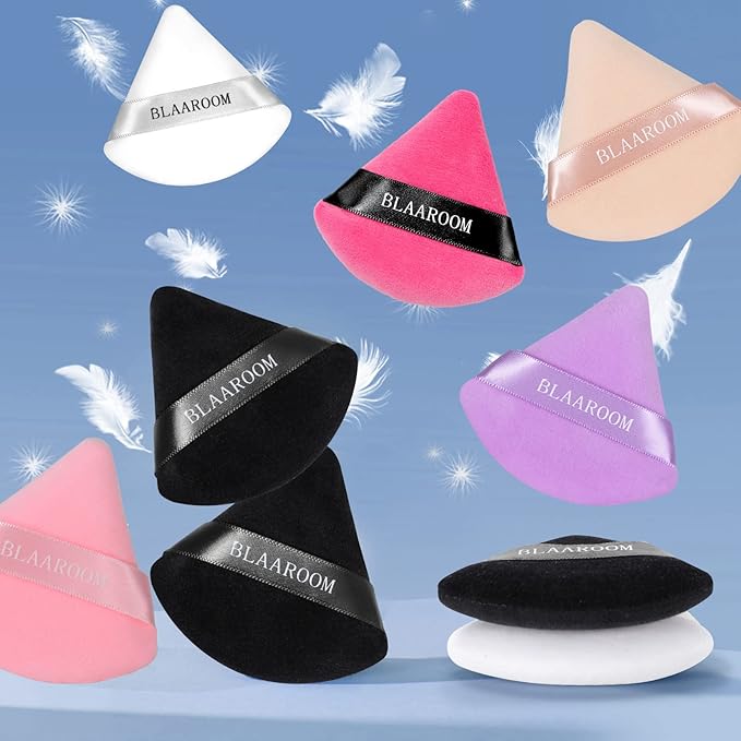 BLAAROOM 12 Pieces Velour Pure Cotton Powder Puff Face Makeup Triangle Powder Puffs for Loose Powder Wet Dry Cosmetic Foundation Beauty Sponge Makeup Tools -Black & Purple