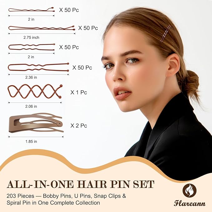 FLAREANN Brown Bobby Pins Set with U Shape Pins, Spiral Pin & Snap Clips