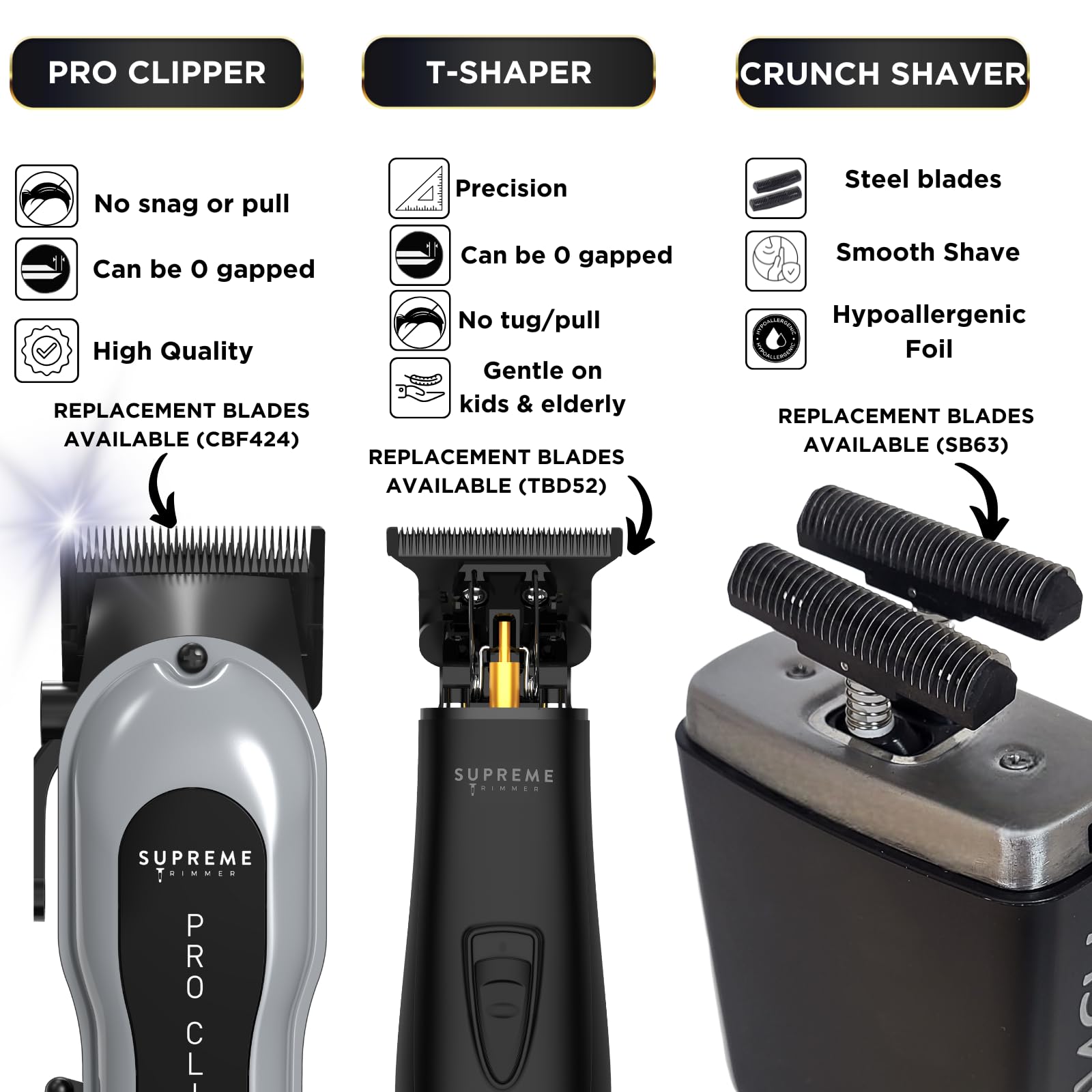 Supreme Trimmer 3-in-1 Barber Bundle | Pro Clipper Lite, DLC T-Shaper Trimmer & Crunch Foil Shaver | Professional Beard Trimmer Men’s Hair Clipper Kit | Black Lite Bundle