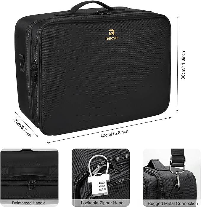 Relavel Large Makeup Organizer Profession Makeup Bag Extra Large Makeup Case with Adjustable Dividers, Adjustable Angle Fixed Belt and Shoulder Strap Plastic Dividers