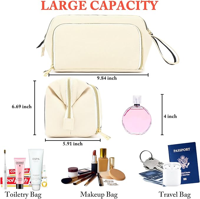 Fammart Travel Makeup Bag, Wide-open Cosmetic Bag Make Up Organizer Case with Brushes Pocket for Women, Large Family Toiletry Bag Skincare Pouch for Toiletries Accessories