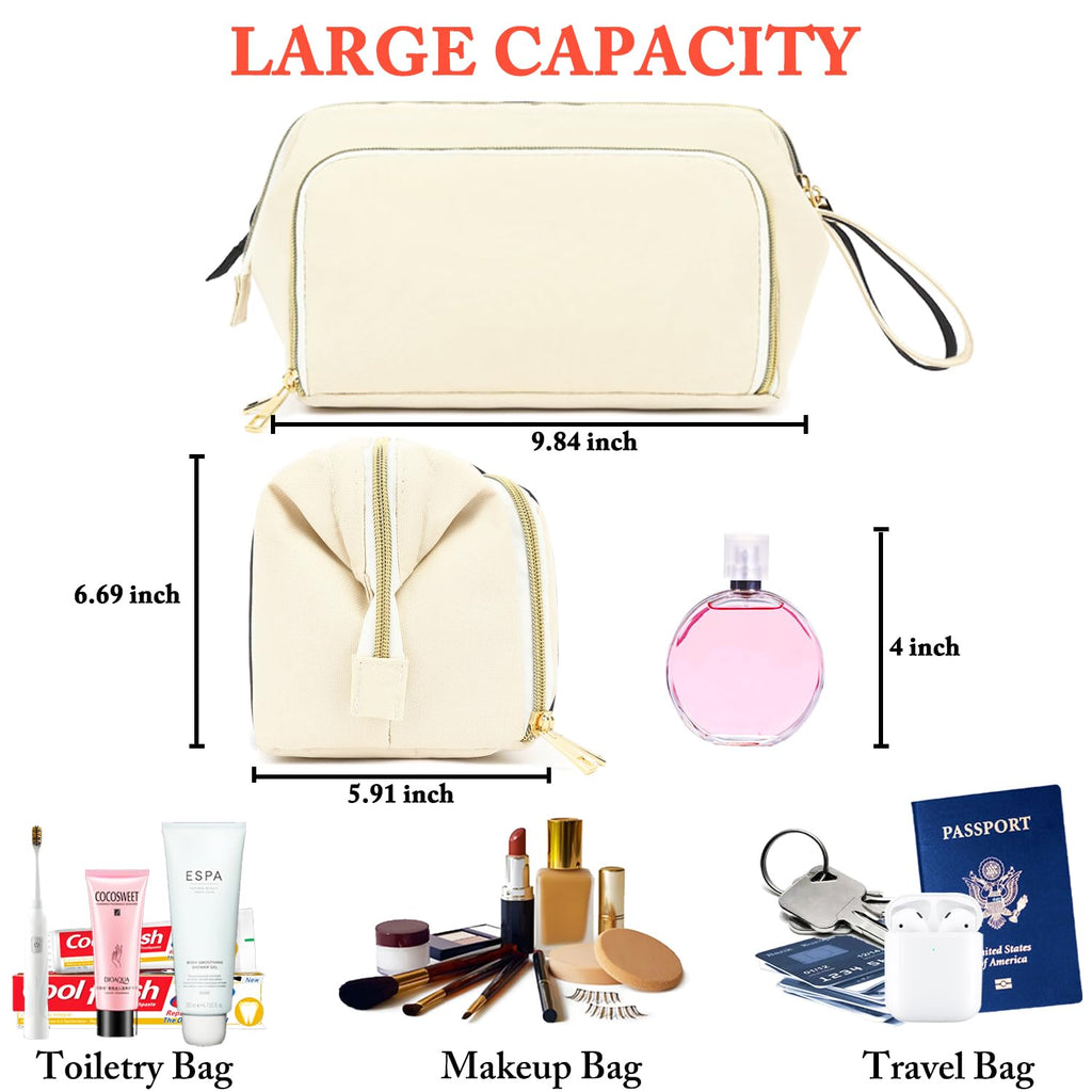 Fammart Travel Makeup Bag, Wide-open Cosmetic Bag Make Up Organizer Case with Brushes Pocket for Women, Large Family Toiletry Bag Skincare Pouch for Toiletries Accessories