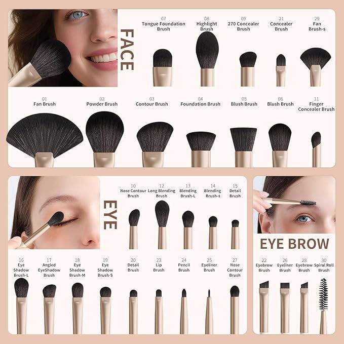 DUcare 30Pcs Professional Makeup Brushes Set, Large Foundation Powder Contour Concealer eyeshadow Blush EyeLiner Make up Brushes,Premium Synthetic hair,Vegan Cruelty-free