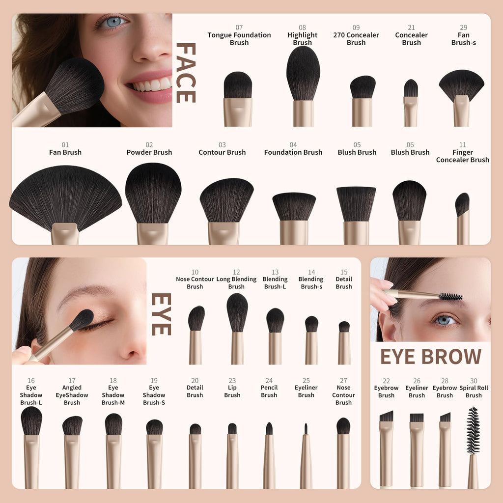 DUcare 30Pcs Professional Makeup Brushes Set, Large Foundation Powder Contour Concealer eyeshadow Blush EyeLiner Make up Brushes,Premium Synthetic hair,Vegan Cruelty-free