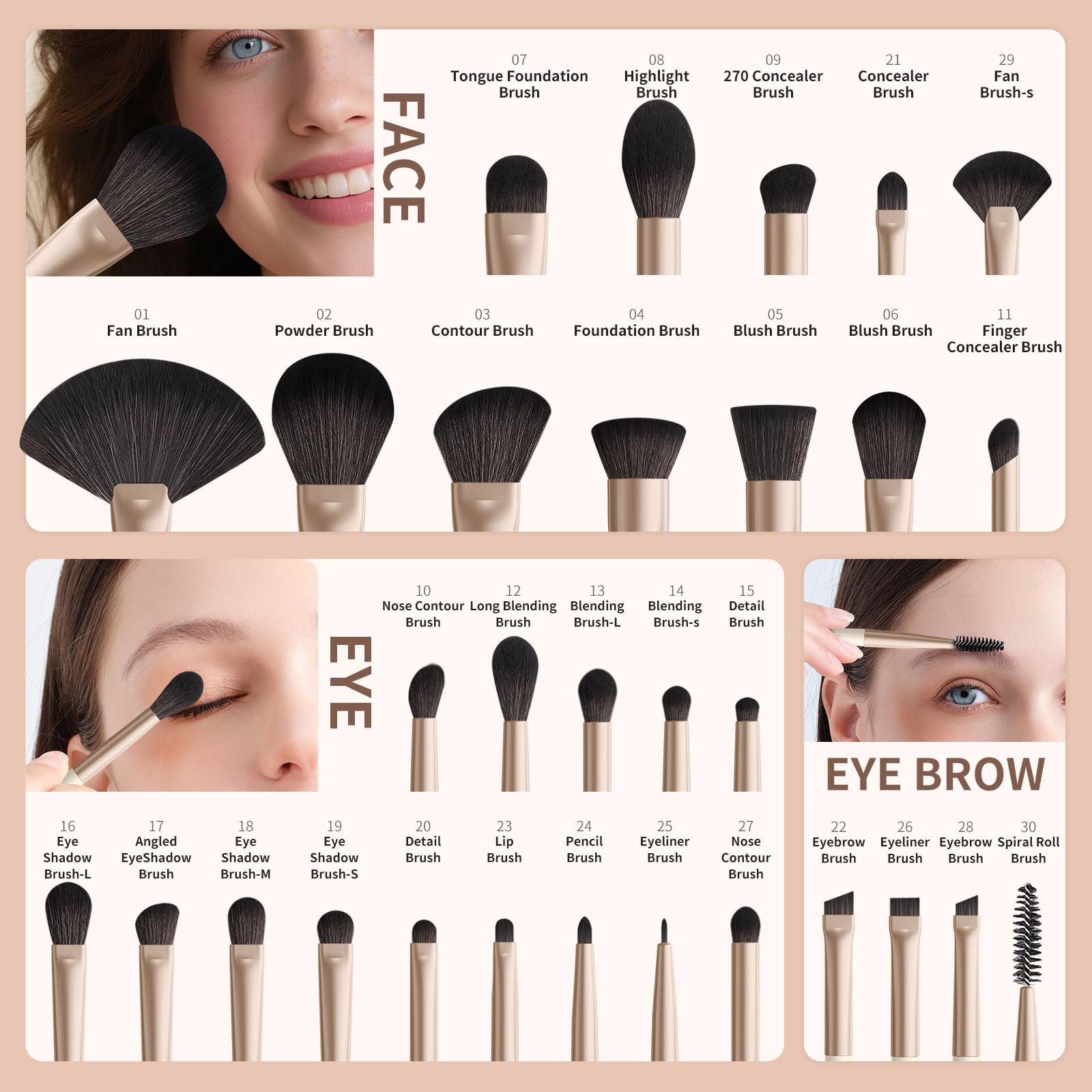 DUcare 30Pcs Professional Makeup Brushes Set, Large Foundation Powder Contour Concealer eyeshadow Blush EyeLiner Make up Brushes,Premium Synthetic hair,Vegan Cruelty-free