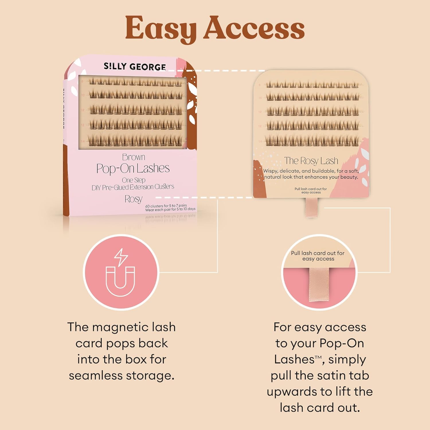 Silly George Pop-On Lashes - DIY 1-Step Pre-Glued Faux Eyelash Clusters, Natural Look Extensions, Light Brown - Rosy, 5-7 Pair Set, Pack of 60 Clusters