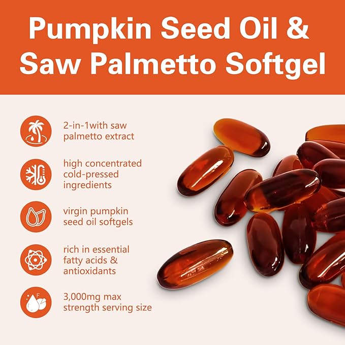 Pumpkin Seed Oil with Saw Palmetto, 3000mg Per Serving, 300 Softgels | Cold Pressed, Pure Virgin Oil, Essential Fatty Acids & Phytosterols