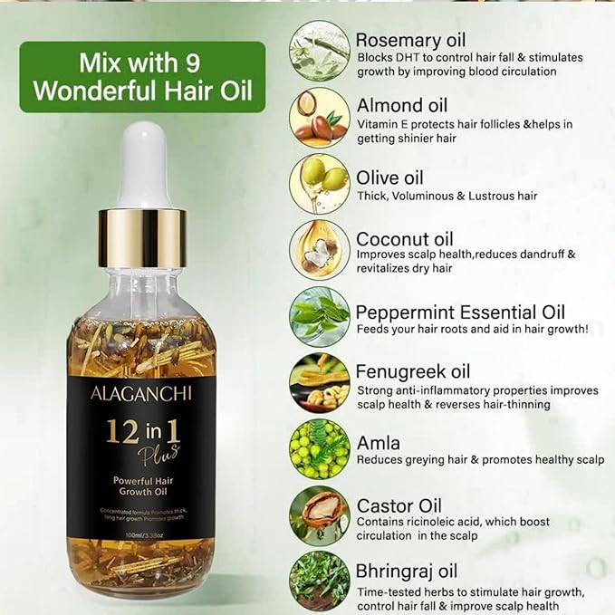 Alaganchi 12-in-1 Hair Growth Oil – Rosemary, Amla & Castor Oil | Strengthens, Nourishes, Reduces Hair Fall | Natural Herbal Blend | Non-Greasy | Paraben & Sulfate-Free