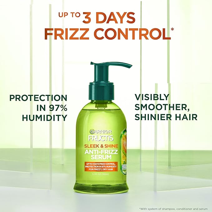 Garnier Fructis Sleek & Shine Anti-Frizz Hair Serum for Frizzy, Dry Hair, Leave-In Argan Oil Infused Formula with Up to 72HRs of Frizz Control, Smooths Flyaways & Boosts Hair Shine, 5.1 Fl Oz