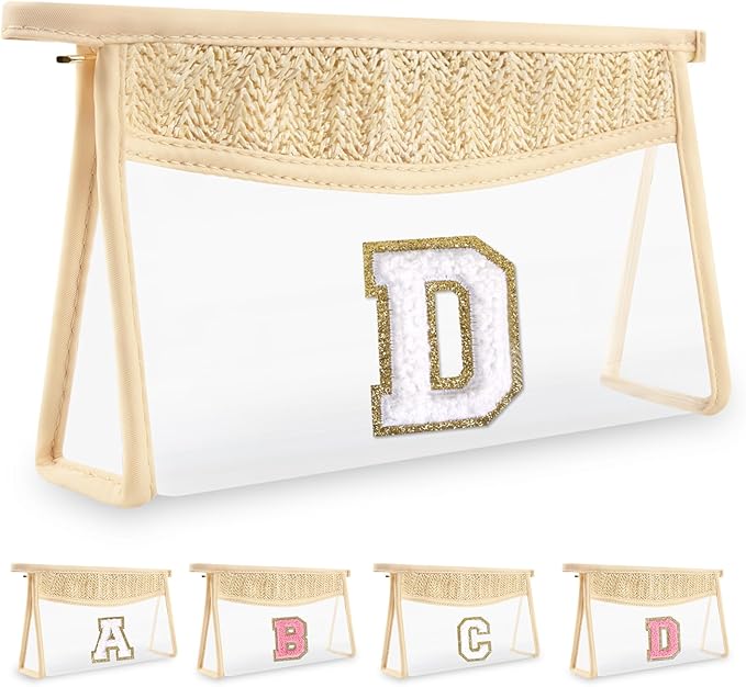 UIXIZQ Personalized Initial Letter Bag Boho Straw Clear Makeup Bag,Small Cute Chenille Varsity Letter Bag With Zipper,Beach Travel Toiletry Bag,Portable Monogrammed Cosmetic Bag for Women Girls,D