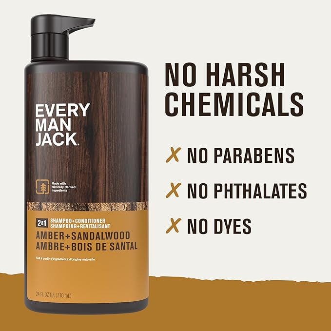 Every Man Jack Men's Shampoo & Conditioner 2-in-1, Amber Sandalwood, 24 oz