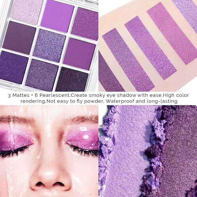 Matte Shimmer Deep Dark Light Purple Smoke 9Colors Eyeshadow Makeup Palette,Natural Neutral Powde Eye Shadow Palette for Older Women,Long Lasting Lightweight Lasting Naturing-Lookin Eye Makeup,Vegan