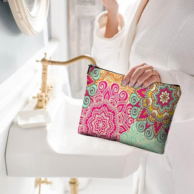 Givotin Cute Makeup Bag for Purse Canvas Waterproof Funny Cosmetic Bags for Women Zipper Travel Toiletry Pouch-Boho Flower Makeup Bags