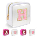 Personalized Initial Letter Clear Preppy Makeup Bag,Mini Nylon Chenille Letter Cosmetic Bag Cute Zipper Pouch Purse for Teen Girls,Portable TSA Approved Beach Travel Essentials Bag Gift for Women,H