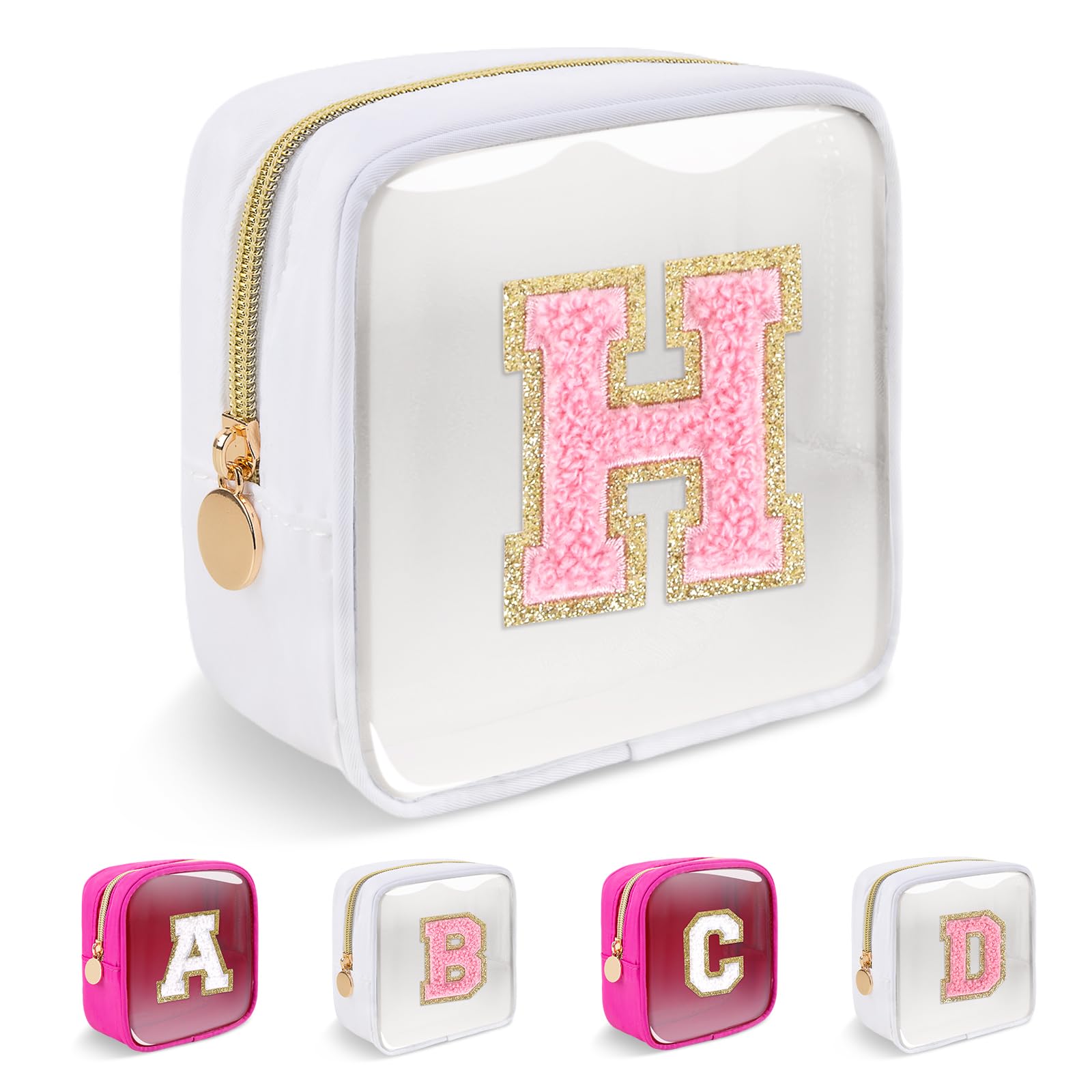 Personalized Initial Letter Clear Preppy Makeup Bag,Mini Nylon Chenille Letter Cosmetic Bag Cute Zipper Pouch Purse for Teen Girls,Portable TSA Approved Beach Travel Essentials Bag Gift for Women,H