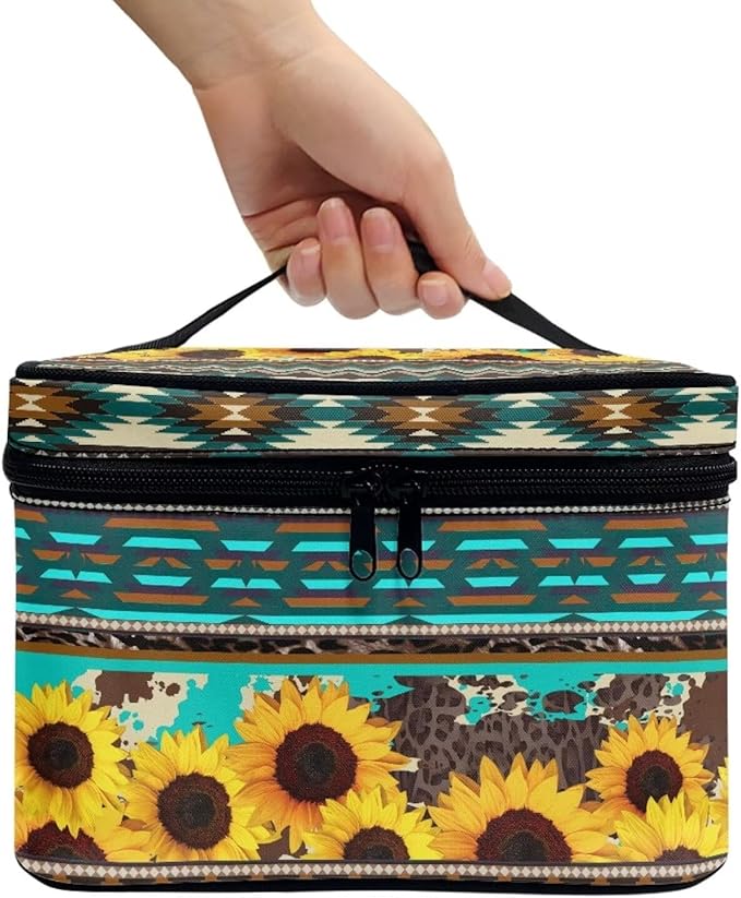 Drydeepin Western Aztec Sunflower Makeup Bag for Women Ladies Classic Cheetah Leopard Pattern Portable Cosmetic Bag with Zipper and Carry Handle Make Up Tote Bags Boho Tribal Toiletry Case Organizer