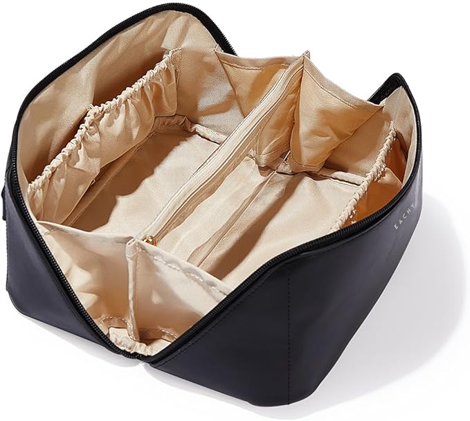 EACHY Travel Makeup Bag,Large Capacity Cosmetic Bags for Women,Waterproof Portable Pouch Open Flat Toiletry Bag Make up Bag with Divider and Handle, Gifts for Women (Black, Medium)