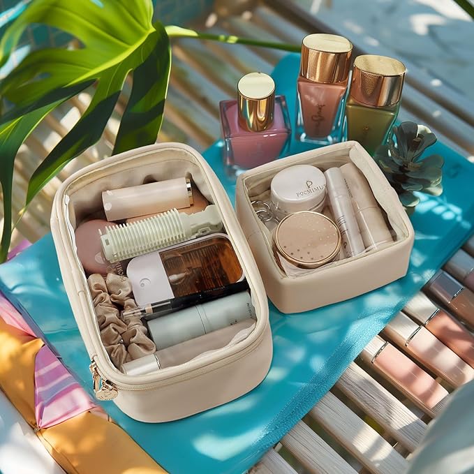 Pocmimut Clear Makeup Bag,Easy to Find Mini Makeup Bag for Purse,Travel Makeup Bag for Car, Compact Cosmetic Pouch for Daily Essentials,Beige
