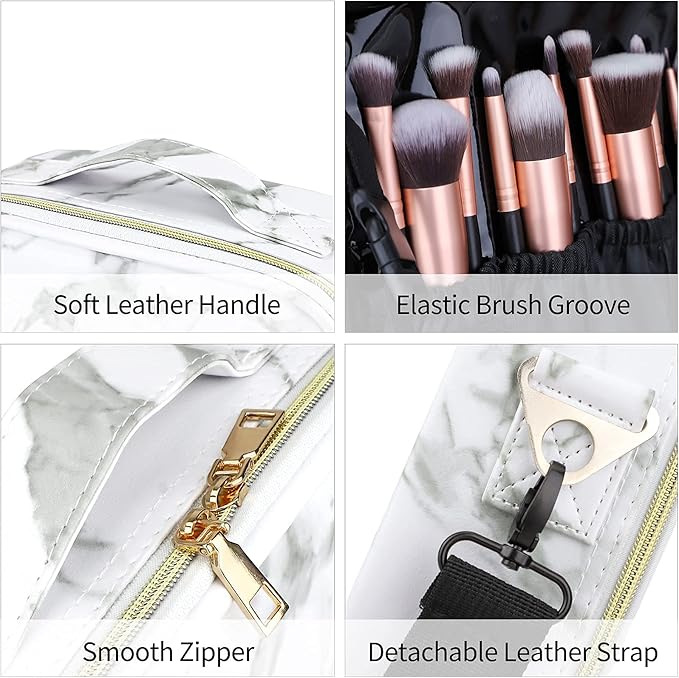 Oewoer Travel Makeup Bag 10.4 Inches Portable Makeup Train Case Cosmetic Bag Organizer with Adjustable Dividers and Shoulder Strap for Cosmetics Brushes Toiletry Jewelry Digital Accessories (Marble)
