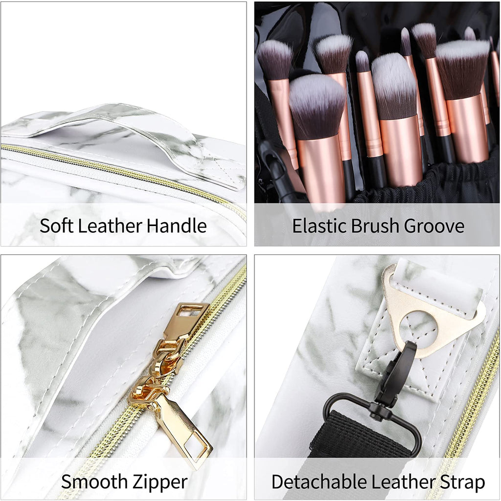 Oewoer Travel Makeup Bag 10.4 Inches Portable Makeup Train Case Cosmetic Bag Organizer with Adjustable Dividers and Shoulder Strap for Cosmetics Brushes Toiletry Jewelry Digital Accessories (Marble)