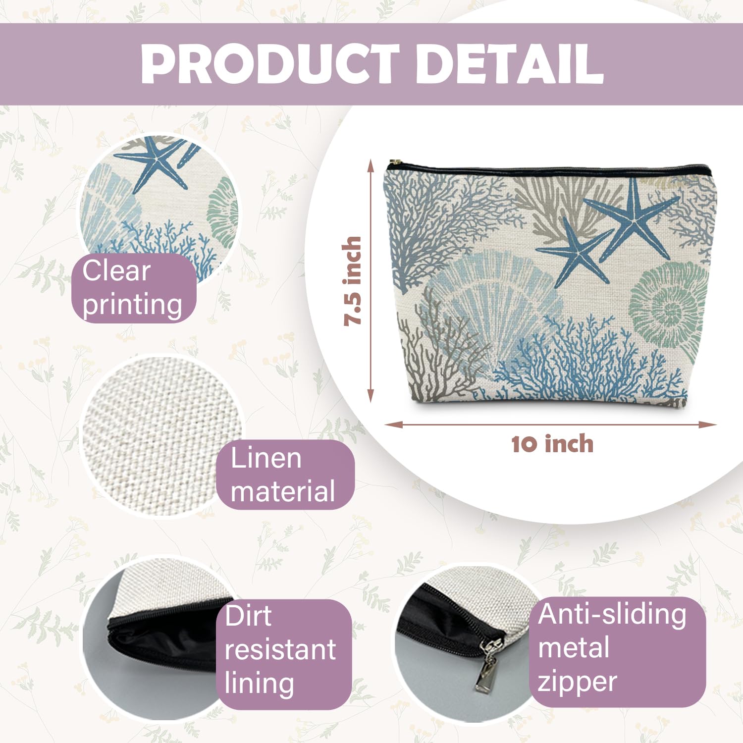 RYYCDOI Ocean Starfish Coral Seashell Beach Makeup Bag, Marine Life Sea Animals Cosmetic Bags for Women, Beach Vacation Gifts, Ocean Themed Gifts