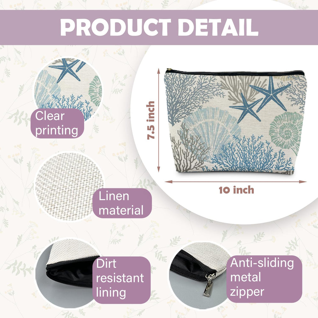 RYYCDOI Ocean Starfish Coral Seashell Beach Makeup Bag, Marine Life Sea Animals Cosmetic Bags for Women, Beach Vacation Gifts, Ocean Themed Gifts